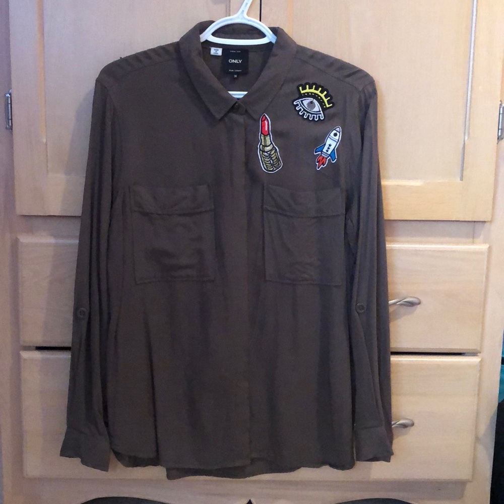 Khaki Button Down with Cool Patchwork